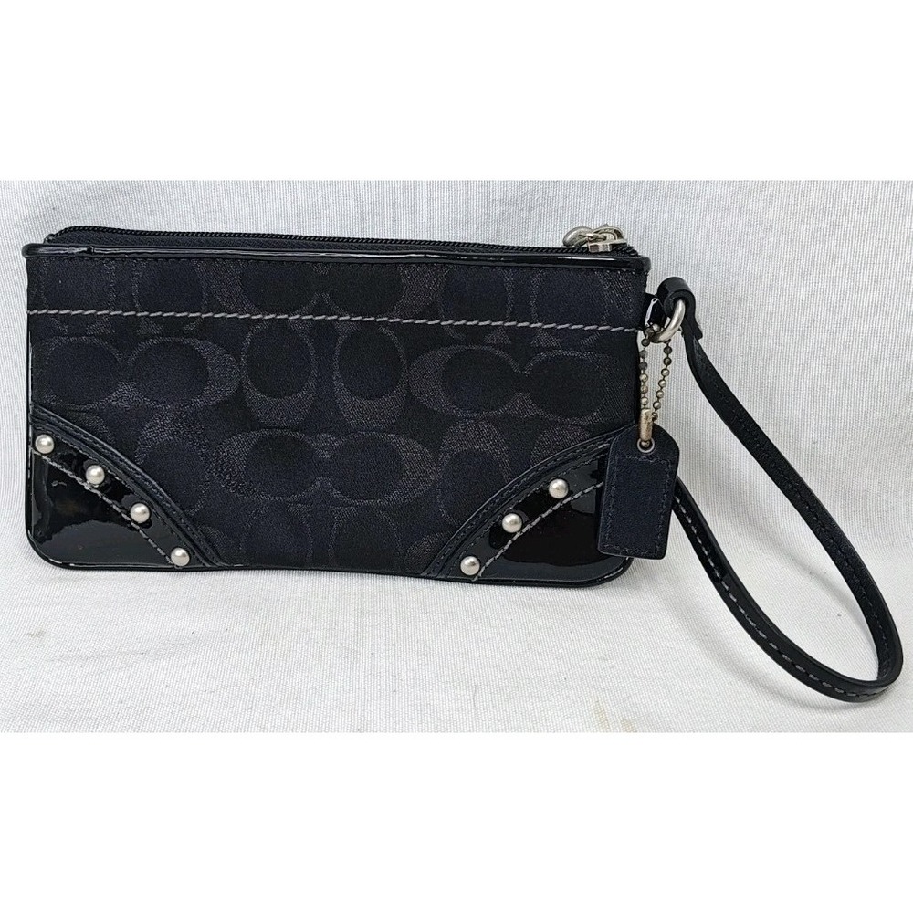 Signature Coach Wristlet Purse Studded Black Patent Leather Trim Jacquard Wallet